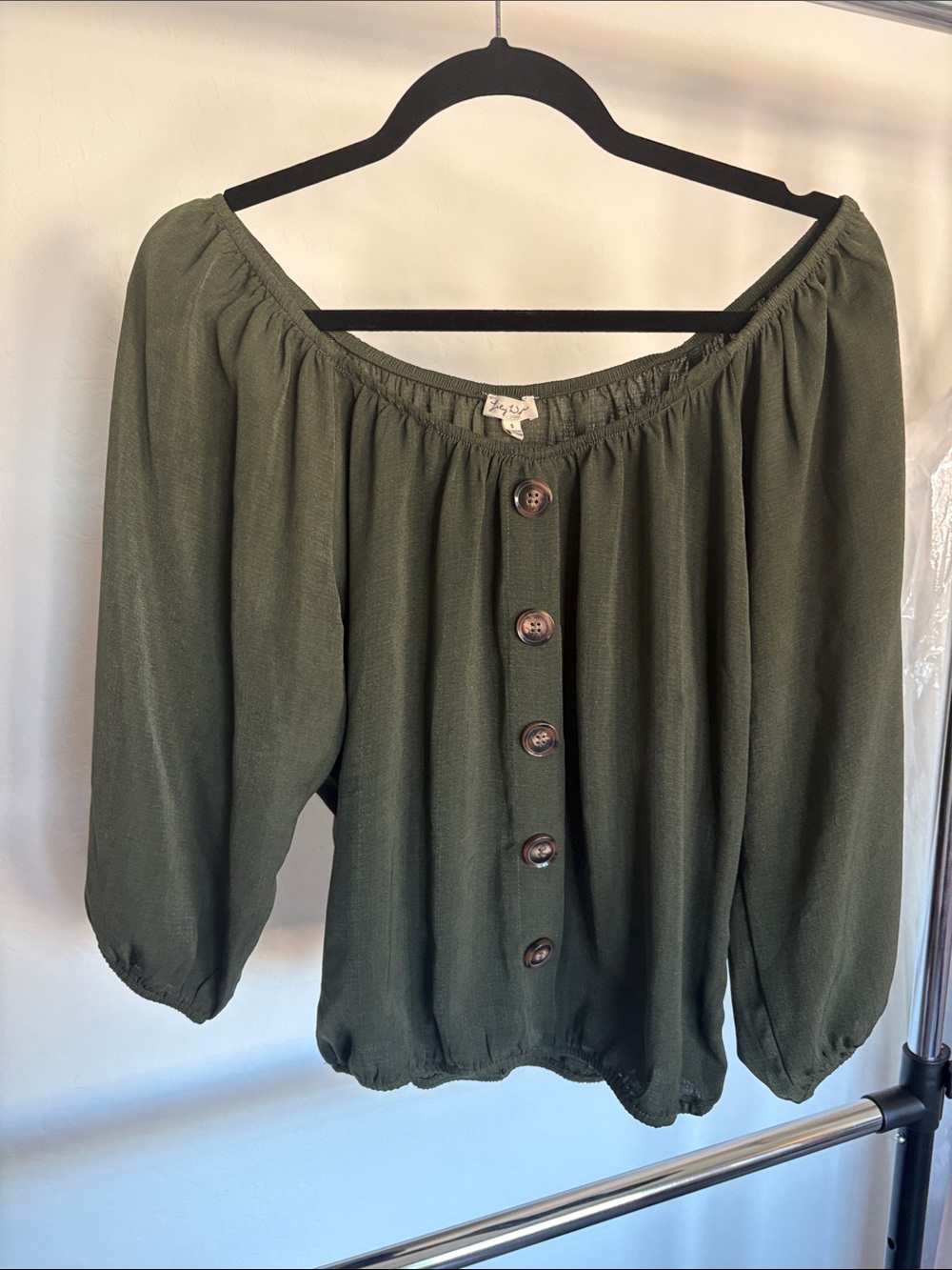 Lily White Olive Green Off-Shoulder Button-Front Blouse